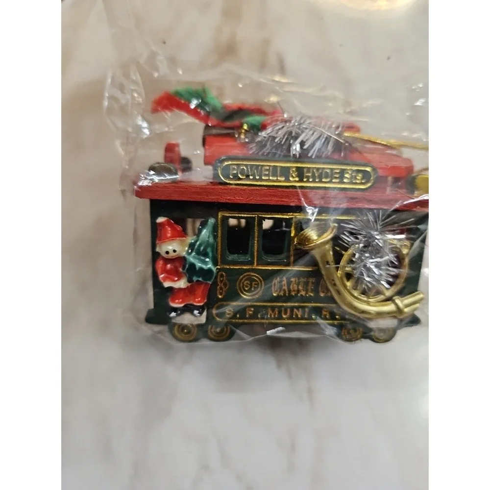 Vintage CABLE CAR Christmas Ornament Wood Powell & Hyde Red Green New